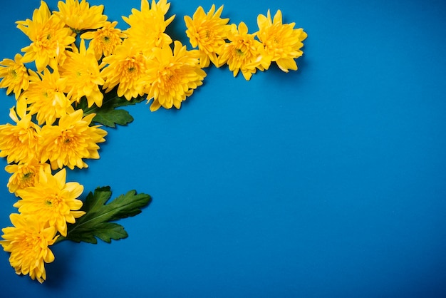 Mooie oranje chrysanten liggen op een blauwe tafel.