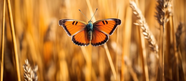 Mooie oranje vlinder op gouden weidegras