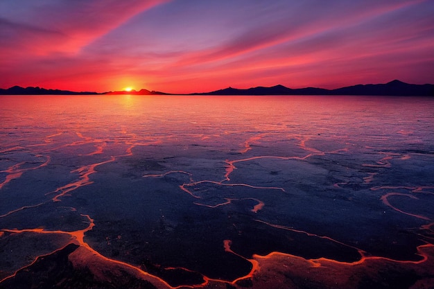 Mooie oranje zonsondergang aan de oever van het strand