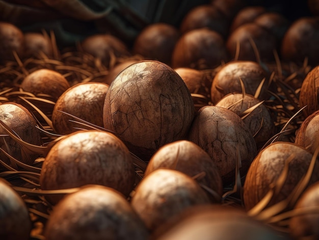 Mooie organische achtergrond van vers geplukte kokosnoten gemaakt met generatieve AI-technologie