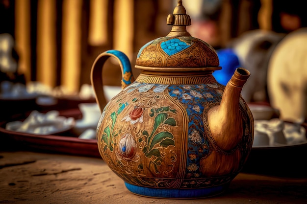 Mooie oude houten kan om koffie te drinken op de oude markt van het Midden-Oosten