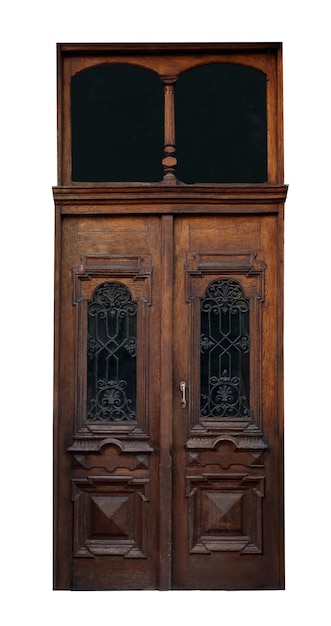 Foto mooie ouderwetse houten deur en spiegelraam geïsoleerd op wit