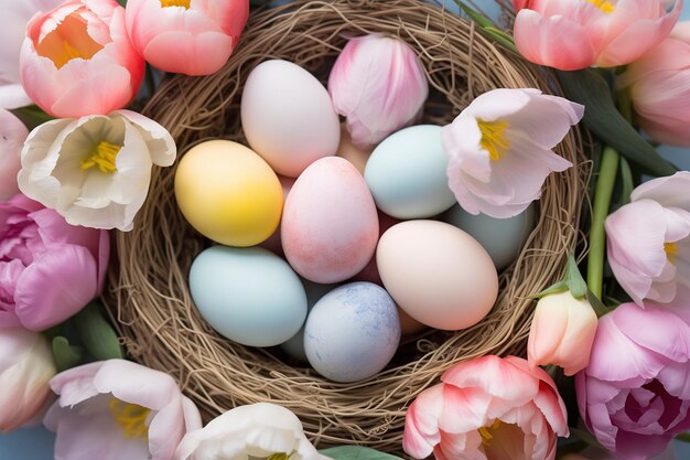 Mooie paaseieren in een nest omringd door mooie tulpen.