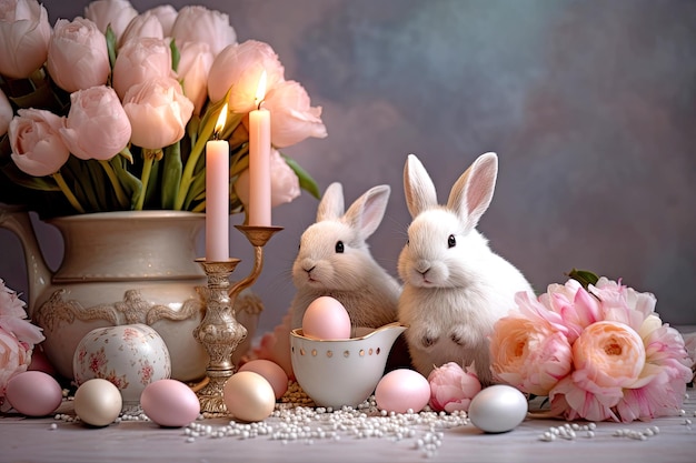 Mooie paaskaart met schattige konijnen boeket van pioenen kaarsen paaseieren en decorati