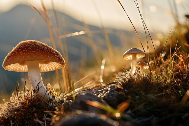 Mooie paddenstoel op de zonnige hump sprookjesachtige achtergrond met mystieke paddenstokken