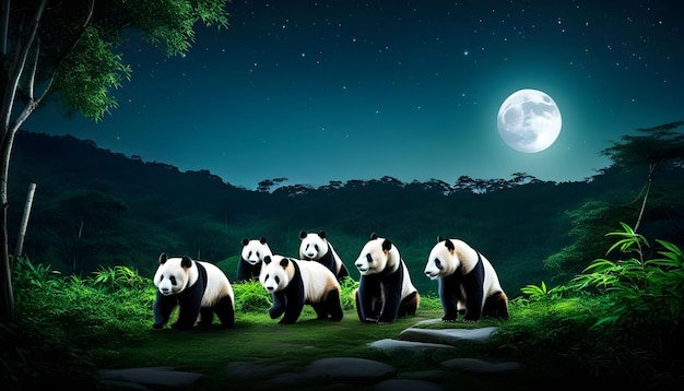 Mooie panda's spelen 's nachts in het maanlicht in het bos.