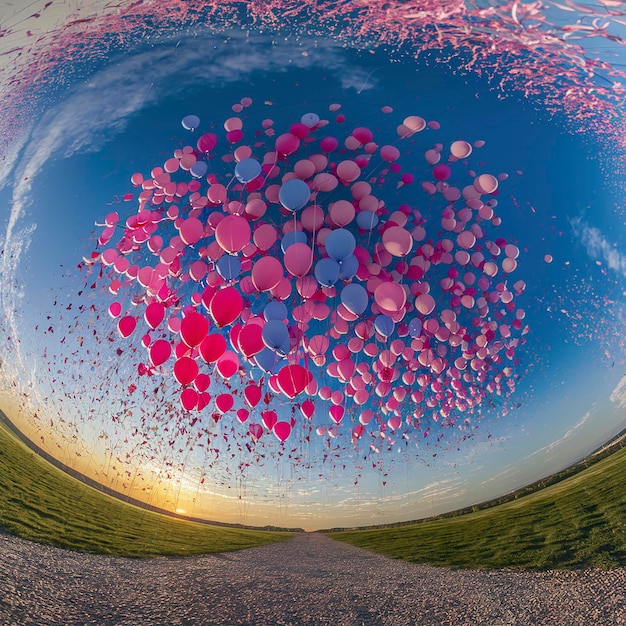 Foto mooie panoramische achtergrond met roze en blauwe ballonnen