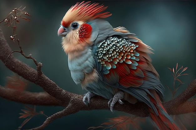 Mooie papegaai De kaketoe zit op een door AI gegenereerde tak