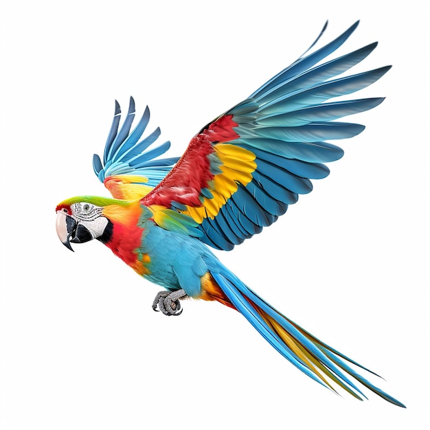 Mooie papegaai tijdens de vlucht op een geïsoleerde witte achtergrond