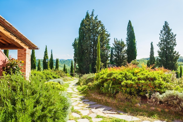 Mooie patio van een landhuis met planten en bloemen. Toscane, Italië