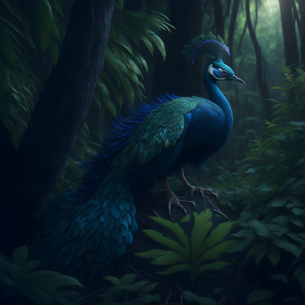 Mooie pauw met veren in een donker bos.