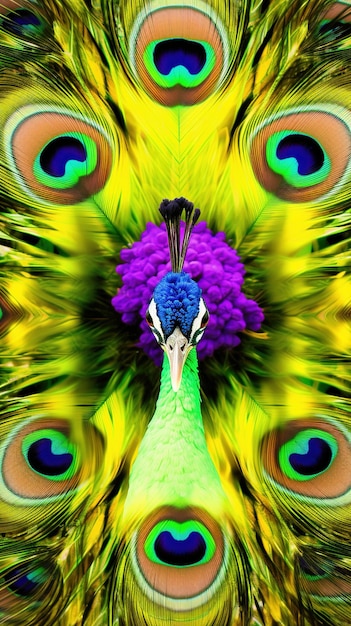 Mooie pauw met veren op een kleurrijke achtergrond Close-up AI generatief