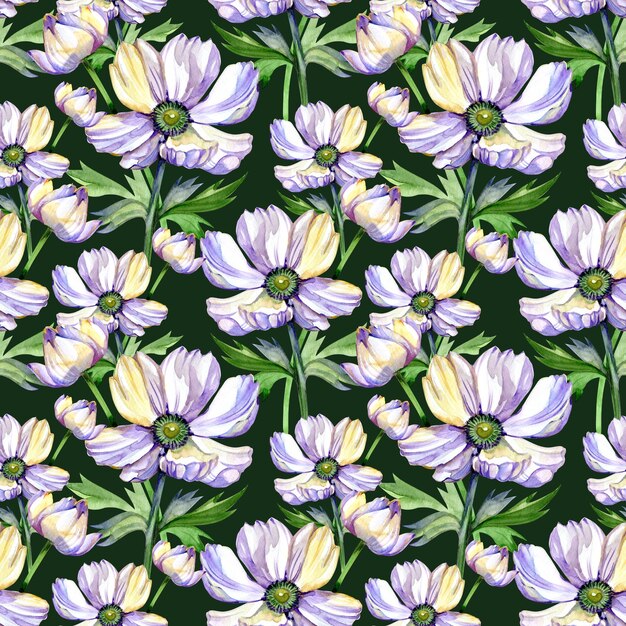 Mooie pioen-anemonenbloemen met bladeren op de achtergrond Naadloos bloemenpatroon rand waterverf schilderij met de hand getekende illustratie Ontwerp voor stof behang bed linnen groetekaartje ontwerp