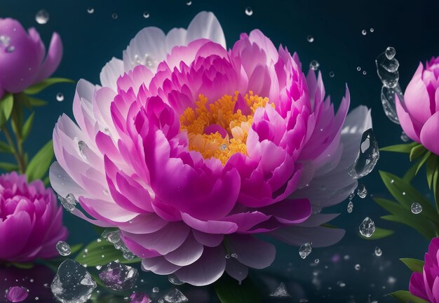 Mooie pioenrozen bloem met waterdruppels op onscherpe achtergrond natuur behang met macro foto