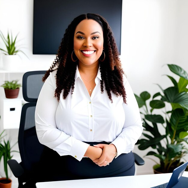 Foto mooie plus size ceo manager van een bedrijf in het kantoor glimlachend met afro haar