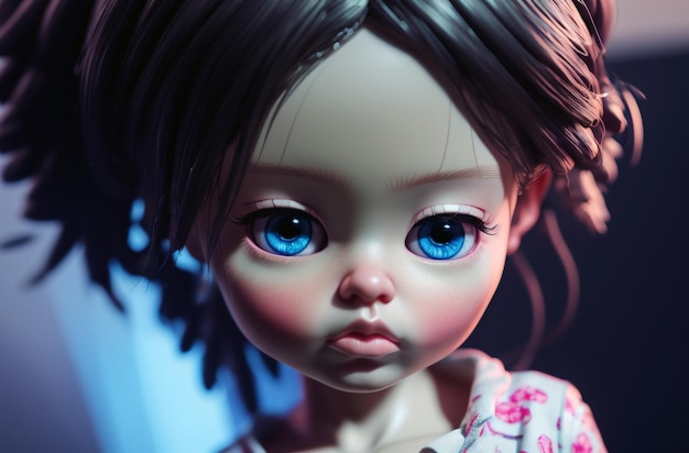 Mooie pop Close-up Portret van aantrekkelijk speelgoed met grote blauwe ogen Generatieve AI