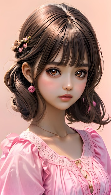 mooie pop meisje bruine ogen zomer roze achtergrond mode