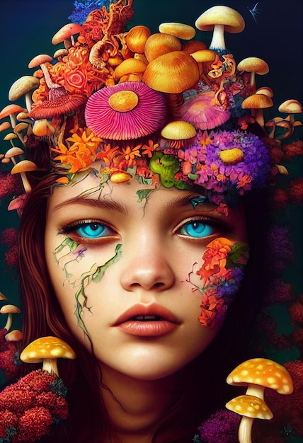Mooie portrettekening van jong meisje met grote blauwe ogen vermengd met bloemen en vlinders