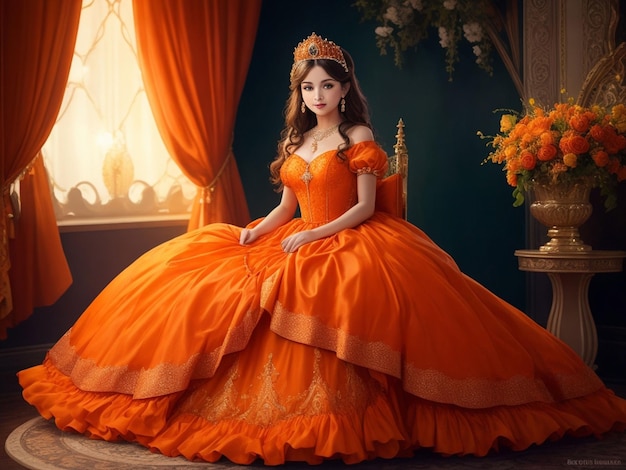 Mooie prinses gekleed in oranje jurk achtergrond