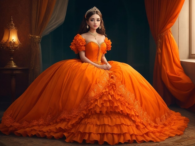 Mooie prinses gekleed in oranje jurk achtergrond