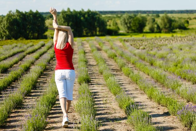 Mooie provence vrouw ontspannen in Lavendel veld kijken op zonsondergang bedrijf mand met lavanda bloemen. blonde dame in bloesemveld