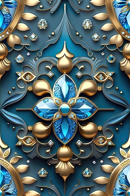 Mooie realistische sieradenrand Lichtblauw kristal en gouden filigraan