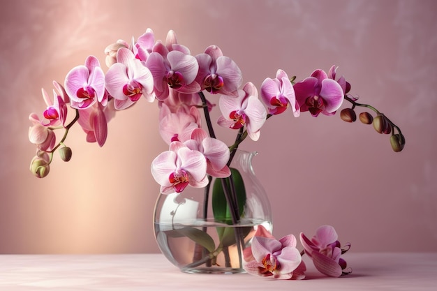 Mooie regeling van bloemen Roze orchideeboeket in vaas op tafel Roze bloesem van de phalaenopsis-orchidee tegen een lichtroze achtergrond Valentijnsdag Gelukkige Vrouwendag en 8 maart zijn conc