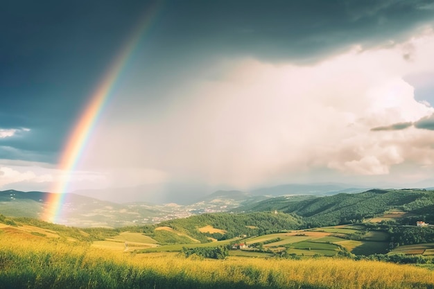 Mooie regenboog boven enkele wilde velden na een motregen die Ai veroorzaakte