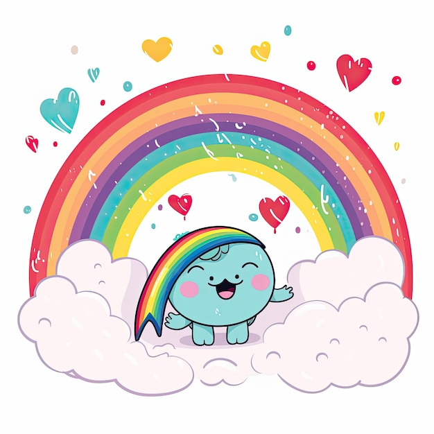 Foto mooie regenboog- en cartooncollectie leuke regenbogen met stripfiguren regenboog- en wolkencartoonontwerpen op witte achtergronden stripfiguren en regenbogen met blije gezichten ai gegenereerd