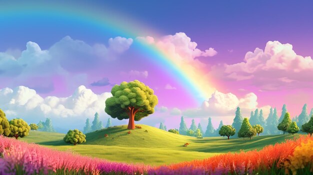 Mooie regenboog en groen veld met bomen in verschillende kleuren en blauwe lucht met wolken