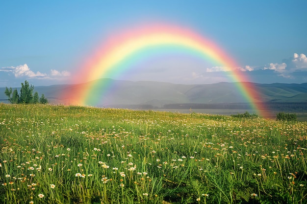 Mooie regenboog over het groene gras met madeliefjes veld landschap achtergrond