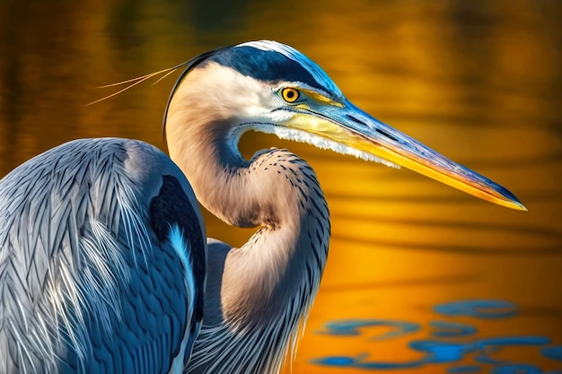 Mooie reiger met helderblauwe veren en gele snavel in zongeneratieve ai