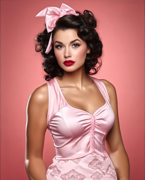 Mooie retro brunette vrouw uit 1940 die een roze jurk draagt met een roze achtergrond