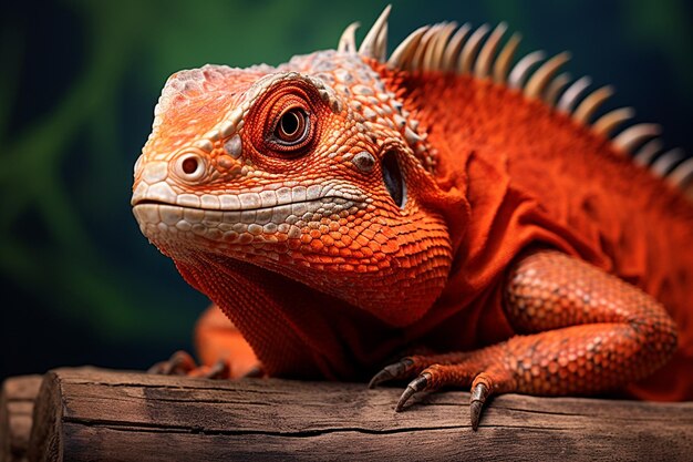 Mooie rode baby iguana close-up hoofd op hout dier close-up