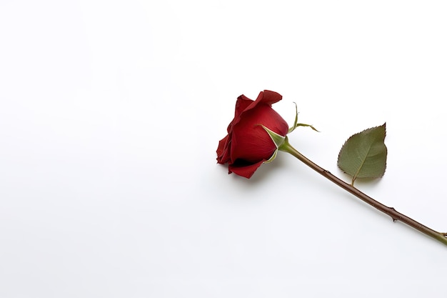 Mooie rode roos als symbool van liefde op witte achtergrond met kopieerruimte