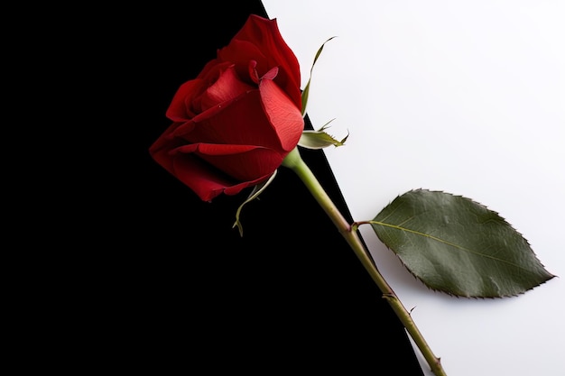 Mooie rode roos als symbool van liefde op witte en zwarte achtergrond