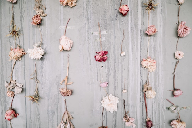 mooie romantische achtergrond met gedroogde roze bloemen bloemen compositie