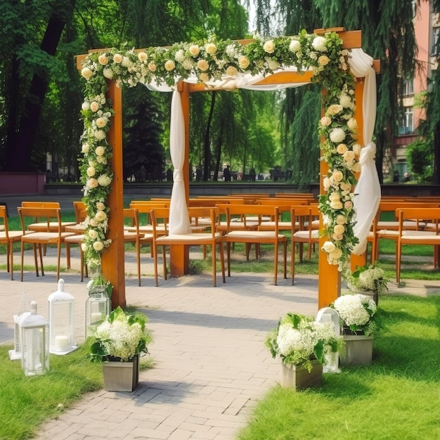 Mooie romantische feestelijke plek gemaakt met houten vierkant en bloemige rozen decoraties voor buiten bruiloft ceremonie in groen park generat ai