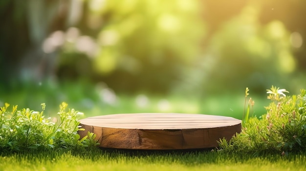 Mooie ronde houten podiumpedestal voor een object op een achtergrond van weelderig groen gras Zonlicht