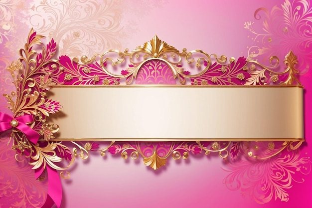 Foto mooie roze banner met luxe heldere gouden ornamenten en grote lege ruimte voor tekst en logo