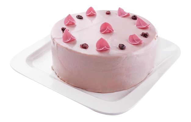 Mooie roze cake versierd met poedersuiker rozen