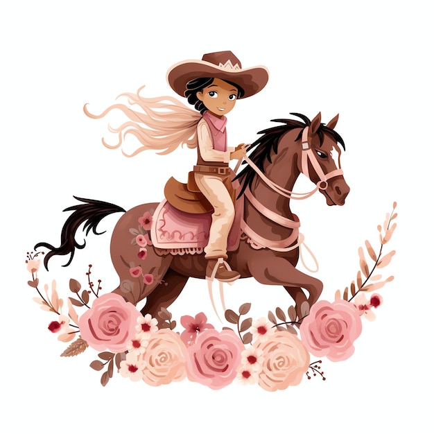 Foto mooie roze cartoon cowboy rijden op een mustang clipart illustratie