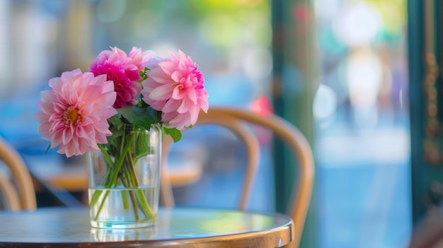 Foto mooie roze dahlia bloemen staan in een glazen vaas op de tafel van een café aan de kant van de weg