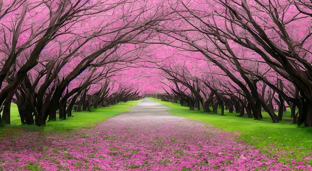 Foto mooie roze gekleurde bomen die een boog in tunnelstijl vormen