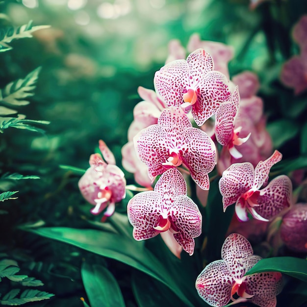 Mooie roze gevlekte orchidee bloemen in de tuin omgeven door groen