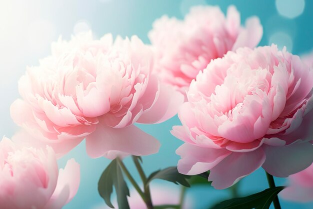 Mooie roze grote bloemen pioenen op een lichtblauwe turquoise achtergrond Generatieve AI