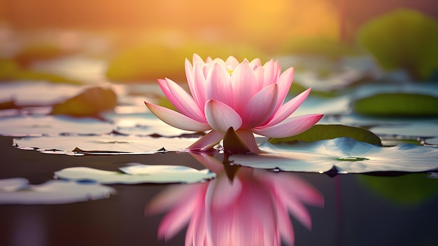 Mooie roze lotus waterplant met weerspiegeling in het water