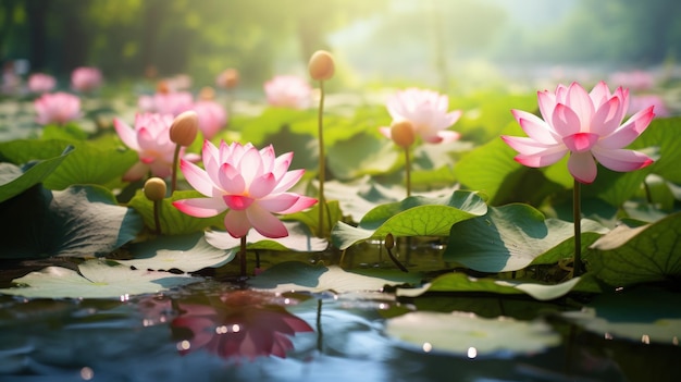 Mooie roze lotusbloemen in het meer generatieve AI