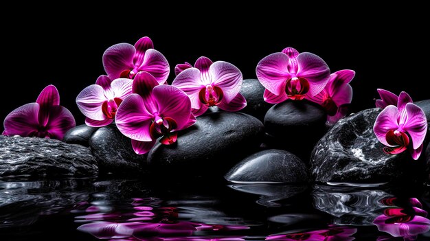 Mooie roze orchideeën op stenen met reflectie in het water Spa concept generatieve AI