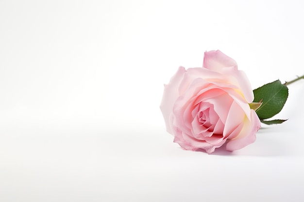 Mooie roze roos als symbool van liefde op witte achtergrond met kopieerruimte